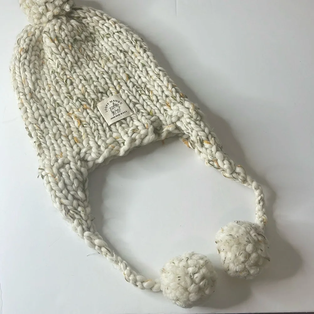 Free People x Loopy Mango Aviatrix Hand Knit Trapper Beanie Ivory / Green